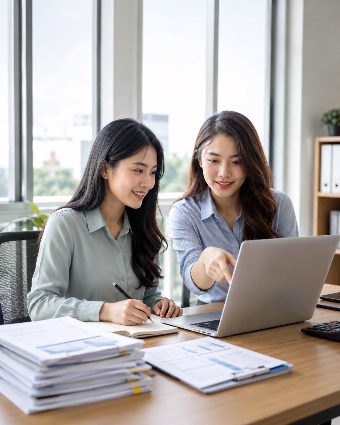 Hai người ngồi chung bàn, một người gõ laptop, một người lật tập hồ sơ