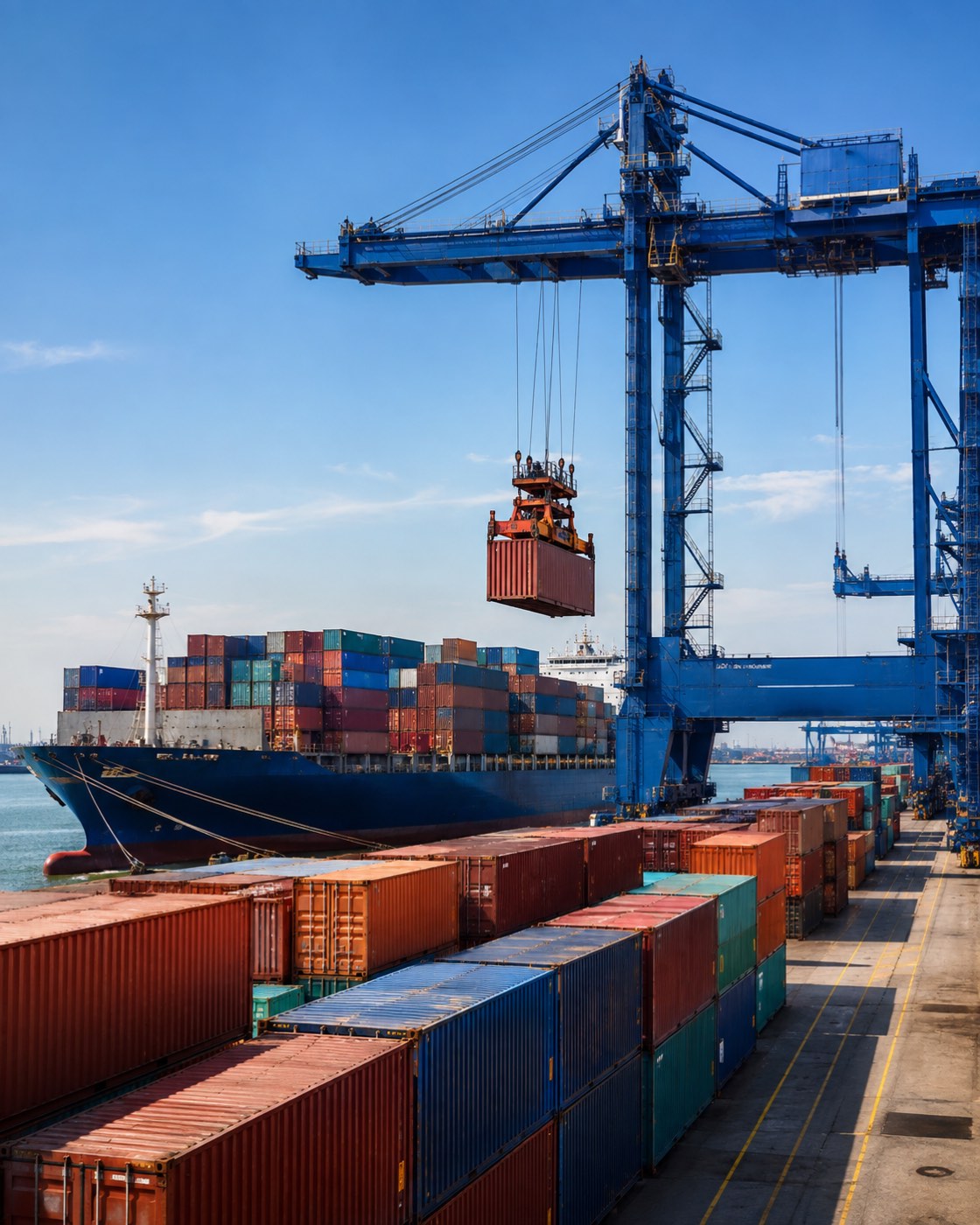 Cẩu bờ nâng container tại bến, tàu container đang làm hàng dưới nắng