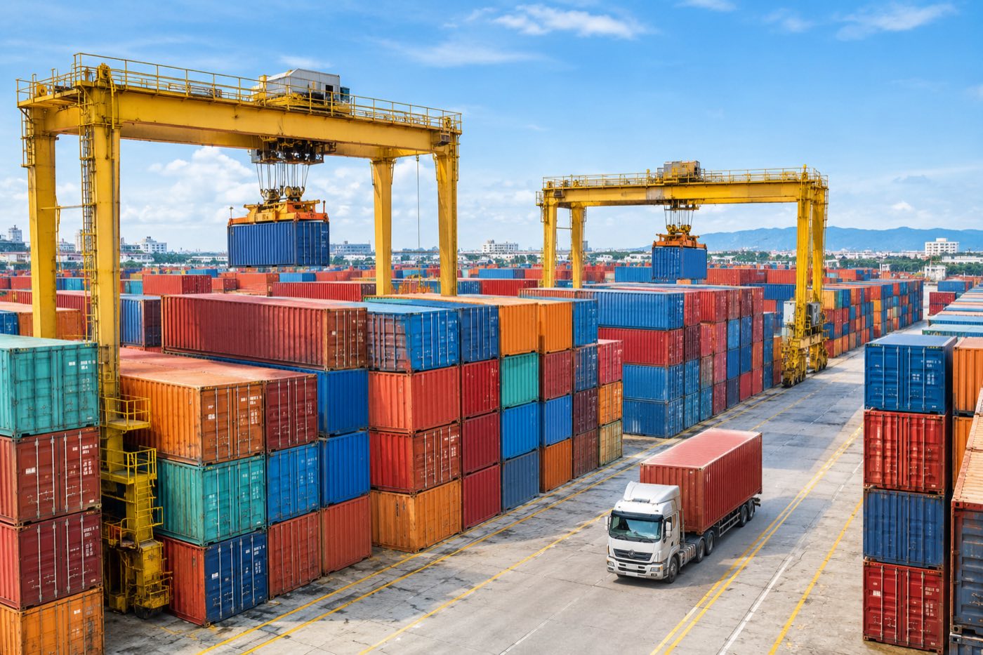 Bãi container nhìn từ trên cao, hai cẩu khung đang xếp hàng, xe đầu kéo chạy trong luồng