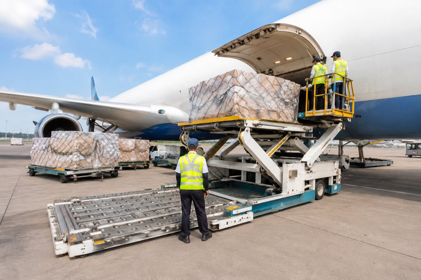 Sân đỗ máy bay, xe phục vụ mặt đất đang làm hàng