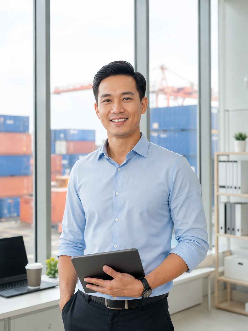 Chủ công ty forwarder cầm máy tính bảng trong văn phòng nhìn ra bãi container
