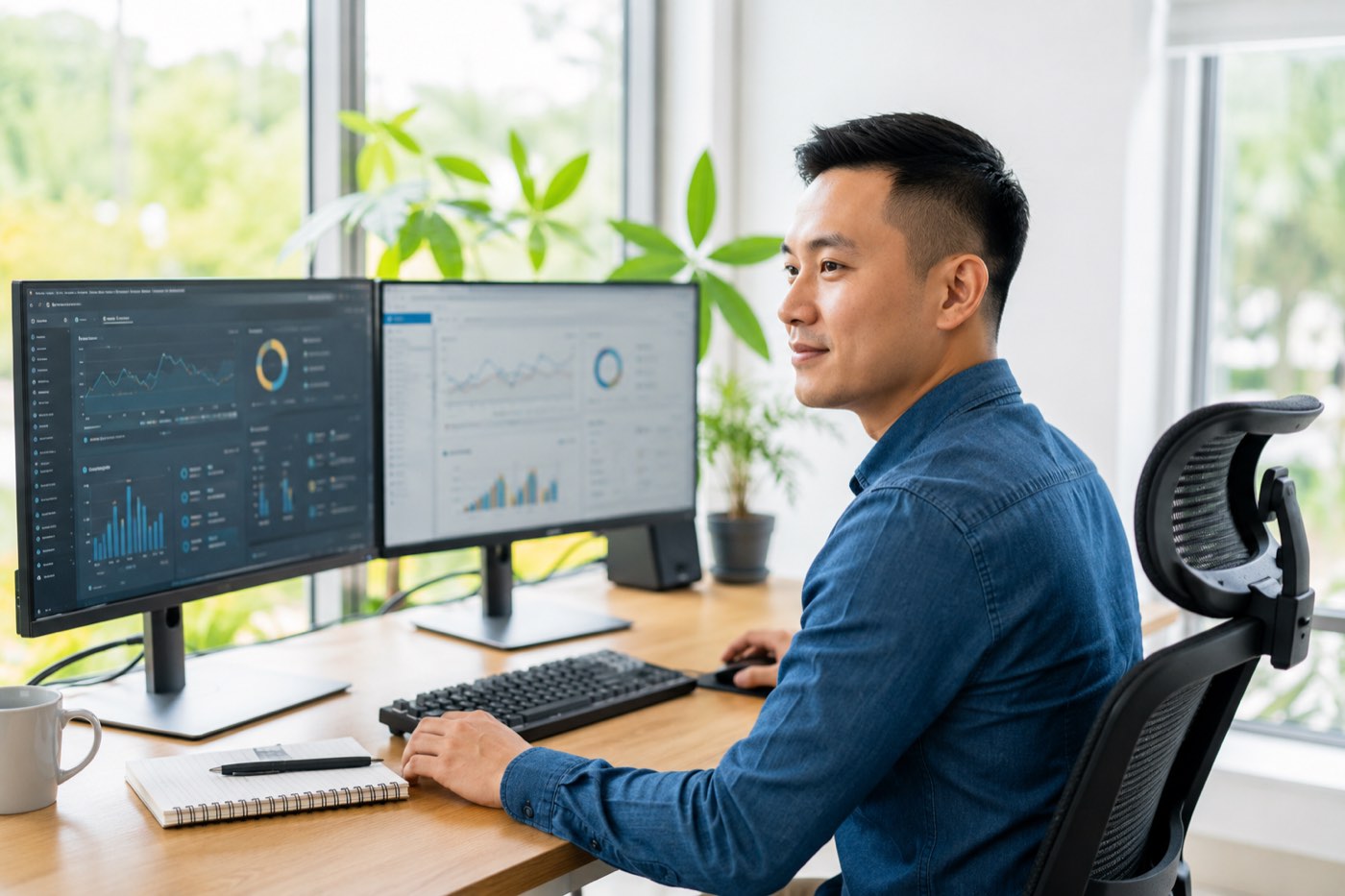 Người làm forwarder ngồi trước hai màn hình phần mềm trong văn phòng sáng