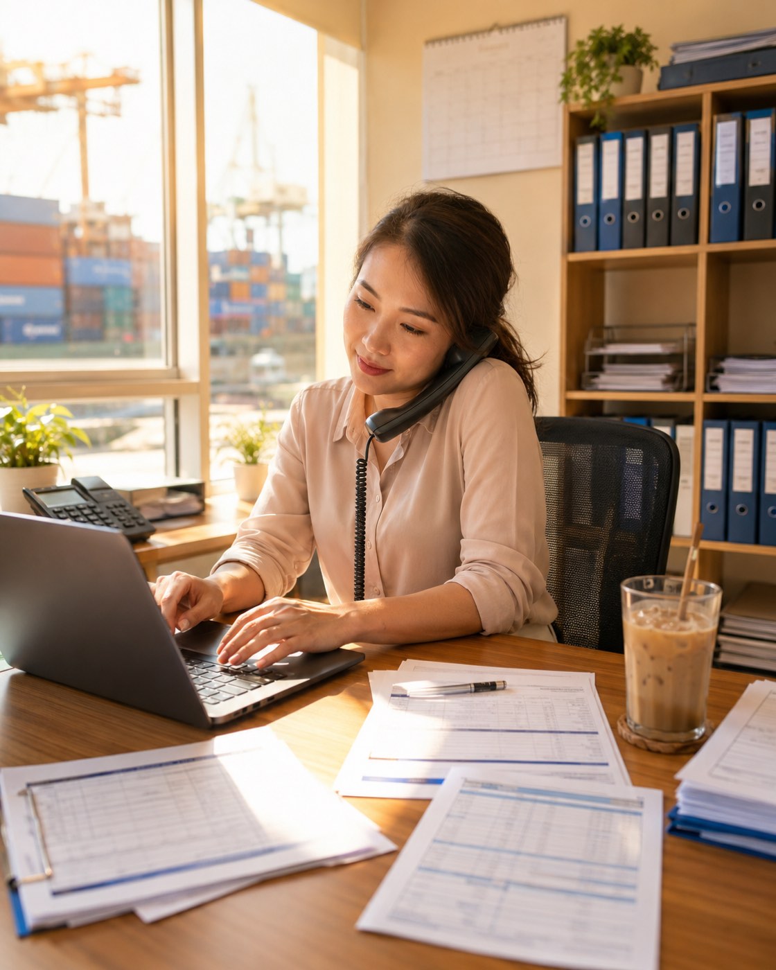 Người làm forwarder vừa nghe điện thoại vừa xử lý chứng từ trên bàn làm việc, ngoài cửa sổ là bãi container