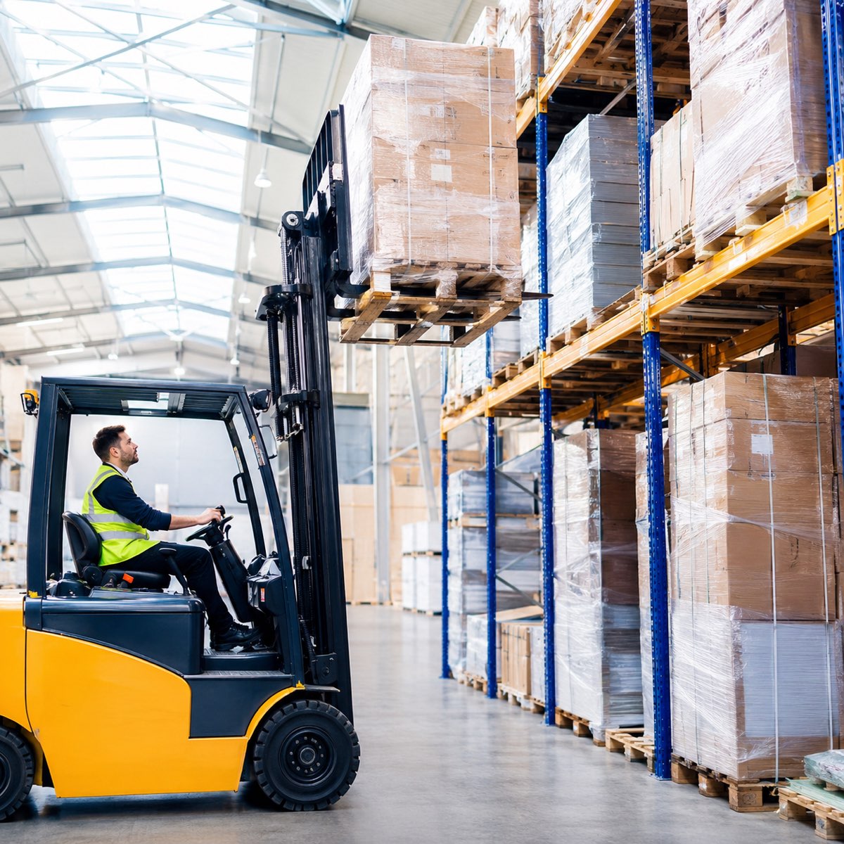 Xe nâng xếp pallet trong kho hàng