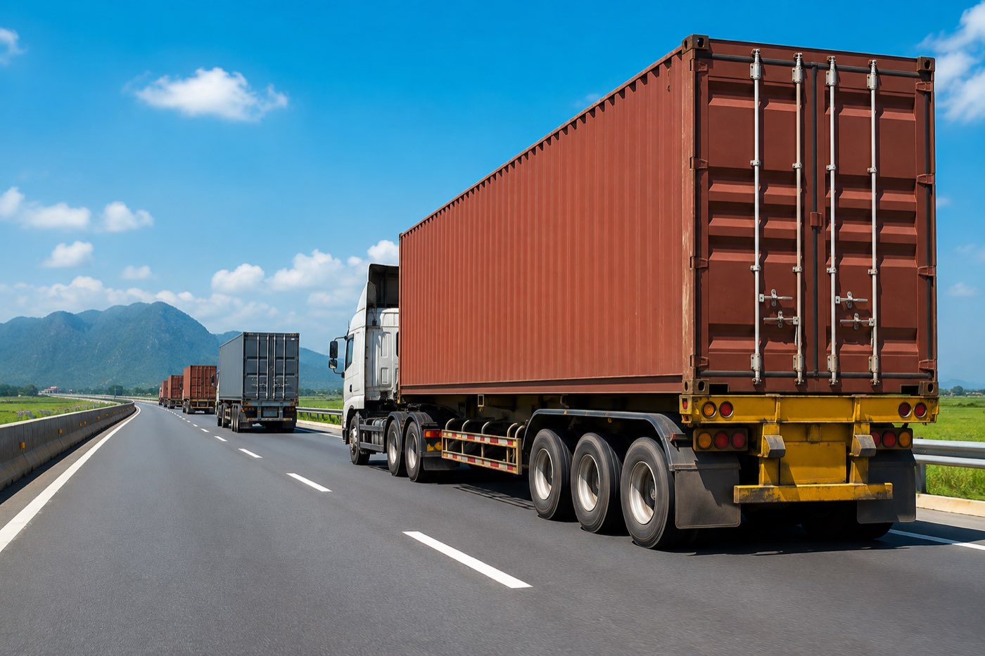 Đoàn xe đầu kéo chở container trên đường